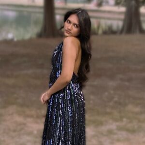 Dress the Population Black Sequin Backless Halter Gown